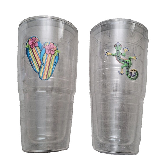 Set 2 Vintage Large Tervis Tumbler Patch Work Gecko Flip Flops Drinking Cups - Picture 1 of 8